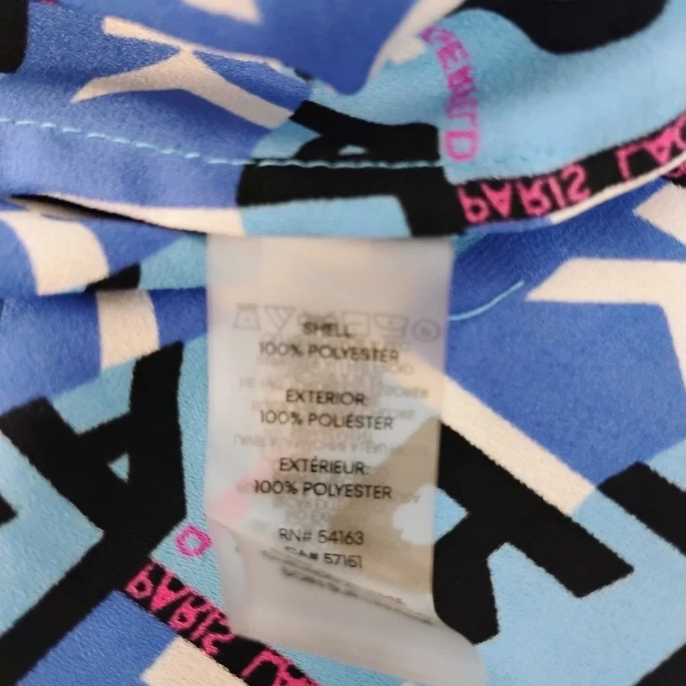 Karl Lagerfeld Paris Womens Blue Logo Print Ruffle V Neck Blouse Size Medium
